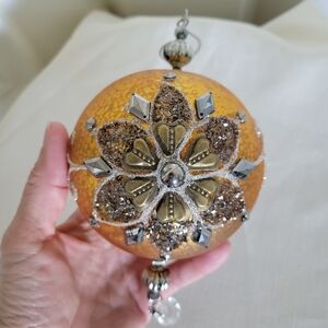 Holiday Round Ornament, Gold with Silver and Brass Accents